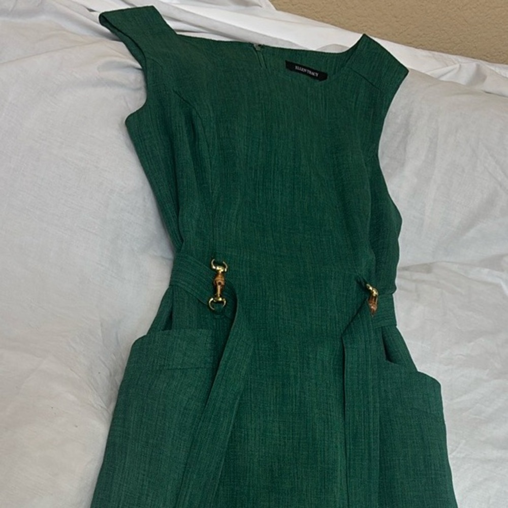 Ellen Tracy Elegant Green Sleeveless Belted Dress Size 10 - Picture 12 of 16